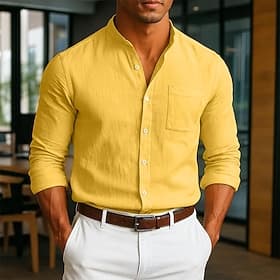 Men's Shirt Linen Shirt Button Up Shirt Plain Casual Daily Yellow Navy Blue Khaki Gray Long Sleeve Band Collar Spring Summer Summer Clothing Apparel Pocket