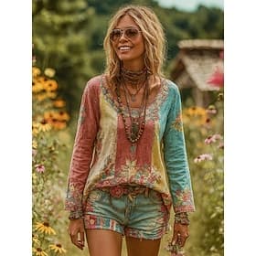 Women's T shirt Long Sleeve Graphic Plants Bohemia Vintage Stylish Long Sleeve Round Neck Regular Tops Daily Weekend Print Yellow Pink Spring Prefall