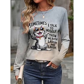 Women's T shirt Long Sleeve Graphic Animal Cat Vintage Fashion Stylish Long Sleeve Crew Neck Round Neck Regular Tops Daily Weekend Print Gray Spring Fall Pref