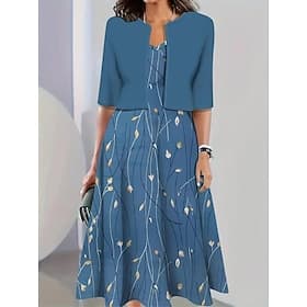 Femmes Robe Ensemble Robe trapèze Occasionnel Robes semi-formelles Fleuri Graphique Imprimé Robe Midi Demi Manches Col ras du cou Vacances Date Bleu Blanche Ve