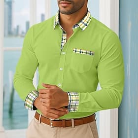 Men's Shirt Summer Shirt Casual Shirt Button Up Shirt Color Block Vacation Business White Yellow Navy Blue Green Long Sleeve Collar Spring Fall All Seasons C