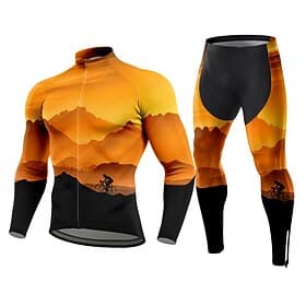 Herren Radtrikot mit Hose Langarm Winter Herbst Orange Grafik Wolke Gemustert Fahhrad Thermowarm 3D-Polster Schnelltrocknend Anatomisches Design UV-beständig S