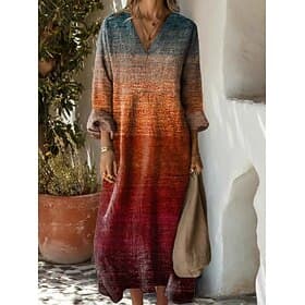 Women's Maxi Dress Sundress A Line Dress Vacation Casual Boho Beach Party Holiday Loose Fit Graphic Geometric Abstract Long Sleeve V Neck Blue Dark Brown Dark