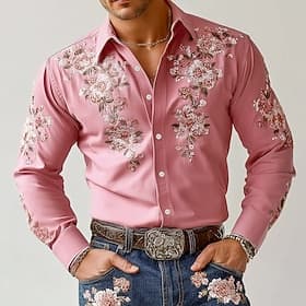 Men's Floral Print Flowers Shirt Western Shirt Cowboy Shirt Long Sleeve Vintage Retro Outdoor Vacation Spring Fall Turndown 3D Print Linen Like Shirt Blue Pink