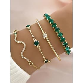Ensemble de bracelets dorés en cristal vert pour femme – 4 pièces, bijoux élégants en alliage avec chaîne réglable, accessoires tendance pour fêtes, mariages e