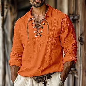 Men's Shirt Linen Shirt Viking Style Pirate Shirt Summer Shirt Beach Wear White Orange Green Light Blue Long Sleeve Solid Color Collarless Street Daily Clothin