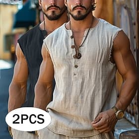 2PCS Men's Henley Shirt Vest Top Linen Tank Top Sleeveless Shirt Sleeveless Henley Summer Plain Fashion Designer Bohemian Multi-pack Vacation Casual Going out