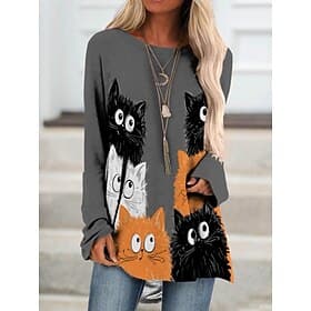 Camiseta Feminina Tunica Gráfica Animal Vintage Estiloso Clássico Manga Longa Decote Redondo Tops Regulares Diários Estampa Branco Azul Cinza Primavera Outono