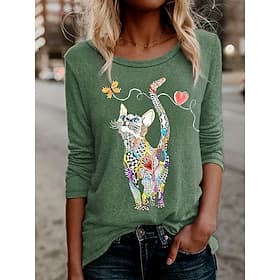 Camiseta Feminina de Manga Longa Floral Gráfica Gato Vintage Estilosa Clássica de Manga Longa com Gola Redonda Tops Regulares Impressão Diária Preta Azul Verde
