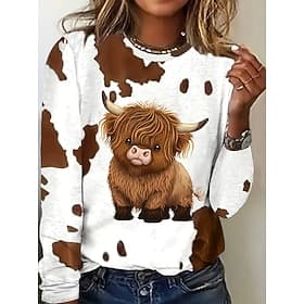 Women's T shirt Long Sleeve Graphic Animal Cow Vintage Stylish Casual Long Sleeve Crew Neck Regular Tops Daily Print Light Brown Spring Fall Prefall