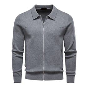 Men's Cardigan Sweater Knit Regular Tops Zip Up Plain Solid Color Turndown Casual Daily Cardigan Vacation Casual Clothing Apparel Spring Fall Black Navy Blue S