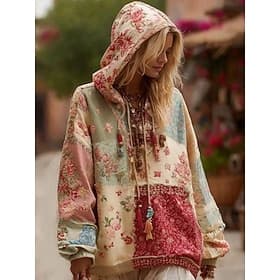 Dame 3D Print Vintage Boho Hoodie Patchwork Hoodie Sweatshirt Floral Pullover Sweatshirt Oversized Casual Varm Aktiv Hettegenser Gate Hverdagsbruk Patchwork Ro