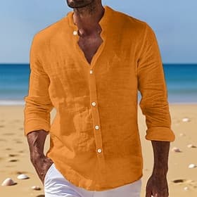 Men's Shirt Linen Shirt Summer Shirt Beach Wear Button Up Shirt Plain Daily Streetwear Blue Black White Pink Long Sleeve Band Collar Spring Summer Summer Clot