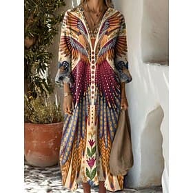 Women's Maxi Dress Sundress A Line Dress Vacation Casual Boho Beach Party Holiday Regular Fit Floral Graphic Geometric Long Sleeve V Neck Blue Yellow Red Orang