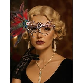 Máscara de mascarada de encaje de plumas verdes para mujer con detalles de pavo real y acentos de diamantes de imitación, accesorio de disfraz gótico vintage p