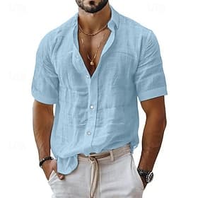 Men's Shirt Linen Shirt Casual Shirt Button Up Shirt Cotton Shirt Plain Beach Vacation Blue Black White Pink Short Sleeve Turndown Summer Clothing Apparel