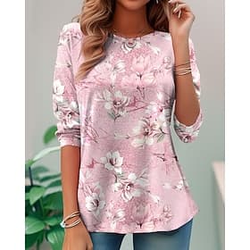 Women's T Shirt Print Floral Graphic Plants Vintage Fashion Stylish Long Sleeve Crew Neck Regular Tops Daily Weekend Blue Black Pink Purple Green Summer Spring