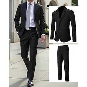 Men's Blazer Set Business Cocktail Party Wedding Party 2 Piece Fashion Casual Spring Fall Polyester Plain Pocket Buttons Comfortable Single Breasted Blazer Bla