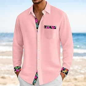 Men's Shirt Linen Shirt Summer Shirt Beach Shirt Solid Color Vacation Casual Black White Pink Blue Long Sleeve Lapel Summer Spring Clothing Apparel
