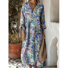 Femmes Robe Midi Robe d'Été Robe trapèze Vacances Occasionnel Boho Plage Soirée Fête Coupe Ample Fleuri Graphique Géométrique manche longue Col en V Bleu Noir