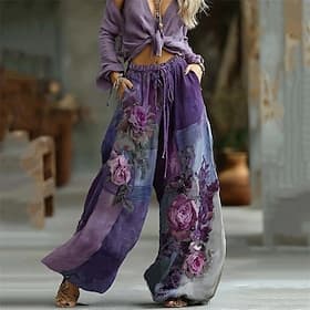Femmes Art graphique Jambe large Pantalons Pantalon palazzo Mode Boho Longueur complète Taille haute Fleur Cordon de serrage Taille Élastique Imprimé Respirabi