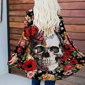 Veste casual pour femmes Chaude Confortable Têtes de mort Ourlet irrégulier Ouvert Élégante Vintage Moderne Florale Street Casual Athleisure Quotidien Long San