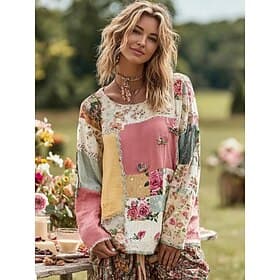 Women's Plus Size T Shirt Floral Color Gradient Oil painting flowers Basic Long Sleeve Crew Neck Regular Tops Daily Going out Weekend Print Pink Red Blue Purpl
