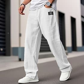 Men's Linen Pants Trousers Summer Pants Beach Pants Drawstring Embroidered Pocket Plain Comfort Breathable Daily Beach Vacation Hawaiian Boho Black White