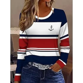 Damen T Shirt Druck Grafik Geometrisch Gestreift Vintage Stilvoll Klassisch Langarm Rundhalsausschnitt Rundhals Normale Oberteile Täglich Marineblau Frühling H