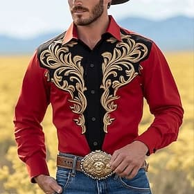 Herren Blumendruck Blumen Hemd Westernhemd Cowboy-Shirt Langarm Vintage-Retro Outdoor Urlaub Frühling Herbst Umlegekragen 3D-Druck Leinenähnliches Hemd Rote Or