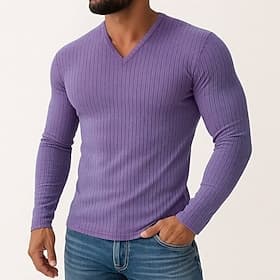 T-shirt à manches longues et col en V pour homme, coupe slim, décontracté, en tricot, uni, style décontracté, pour le printemps, l'automne et l'hiver, style st