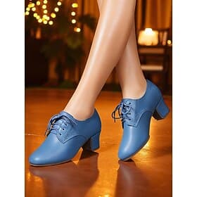 Zapatos de baile Oxford de piel auténtica azul con cordones y tacón bajo de bloque para mujer - Salón profesional calzado para practicar latín