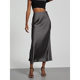 Women's Satin Skirts Elegant Fashion Midi High Waist Skirts Plain Micro-elastic Party Street Black Wine Khaki Dark Grey Spring