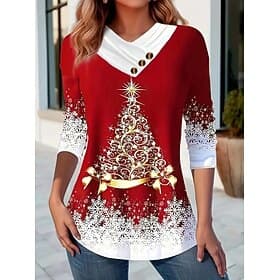 Christmas Women's T Shirt Graphic Claus Vintage Stylish Classic Long Sleeve Crew Neck V Neck Regular Tops Daily Buttons Print Asymmetrical Black Red Blue Green