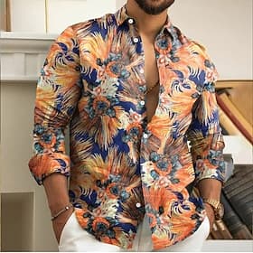 Men's Floral Print Flowers Shirt Button Up Shirt Long Sleeve Fashion Casual Holiday Casual Daily Spring Fall Turndown 3D Print Collared Shirts Blue Yellow Oran