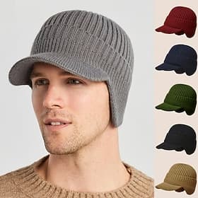 Outdoor Riding Elastic Warm Ear Protection Knitted Hat, Men Winter Beanie with Fleece Lining, Thick Warm Wool Hat, Knitted Earflap Cap for Cold Weather