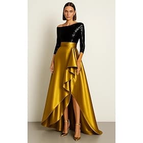 A-Line Asymmetrical Floor Length Evening Gown Ball Gown Formal Dress Elegant Silky 3/4 Length Sleeve One Shoulder Wedding Formal Pocket Satin Sequined with Ruf