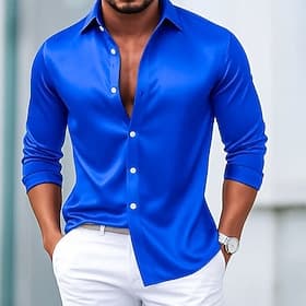 Men's Shirt Satin Shirt Dress Shirt Casual Shirt Button Up Shirt Prom Shirt Plain Party Wedding Blue Light Blue Black White Long Sleeve Lapel All Seasons Cloth