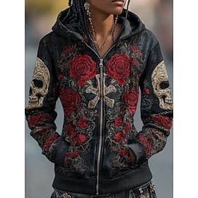 Women's Zip Up Hoodies Skulls Graphic Rose Fashion Casual Long Sleeve Hooded Regular Tops Street Dailywear Casual Zipper Pocket Print Red Purple Green Spring F