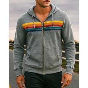 Homme Rayures Sweat à capuche Sweat zippé Automne / Hiver Cordon de serrage manche longue Athleisure Chaud Mode Randonnée Course Voyage Vacances Yoga Noir Blan