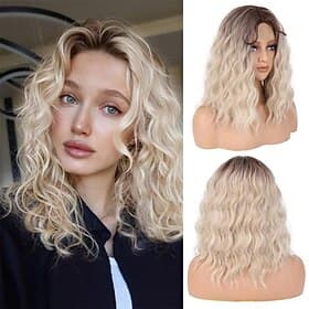 Ombre-Perücken von Walnussbraun bis Aschblond für Frauen, 40,6 cm, mittellang, mit Mittelscheitel, lockig, gewellt, natürlich aussehende Perücke aus Kunsthaar