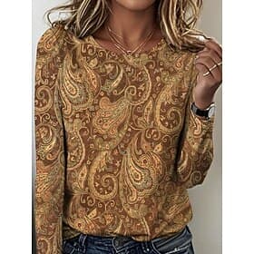 Women's T Shirt Print Floral Graphic Paisley Vintage Stylish Casual Long Sleeve Crew Neck Regular Tops Daily Blue Brown Green Spring Fall Winter