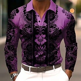 Herren Blumen Polo Langarm Polo-Shirts Revers Business-Casual Athleisure Alltagskleidung 3D-Druck Knöpfe Frühling Herbst Winter Blau Purpur Grün