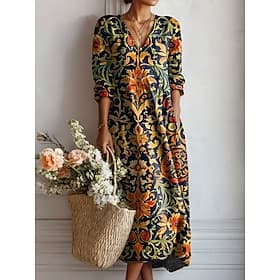 Femmes Robe Midi Robe trapèze Vacances Occasionnel Quotidien Coupe régulière Fleuri Graphique manche longue Col en V Rose Claire bleu marine Bleu Vert Printemp