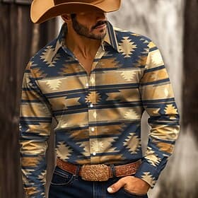Men's Geometric Indian Culture Navajo Pattern Shirt Western Shirt Button Up Shirt Long Sleeve Vintage Retro Outdoor Casual WorkWear Spring Fall Turndown 3D Pri