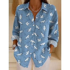 Women's Shirt Linen Like Breathable Lightweight Graphic Geometric Vintage Tropical Daily Long Sleeve Shirt Collar Regular Tops Daily Holiday Print Pink Blue Or
