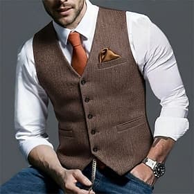 Herren Tweedweste Weste Formell Hochzeit Urlaub Täglich Vintage Mode Frühling Herbst Tasche Knöpfe Polyester Bequem Fischgrätenmuster Einreihig V Ausschnitt Re