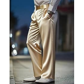 Men's Satin Pants Trousers Dress Pants Silk Like Suit Pants Pocket Straight Leg Plain Breathable Full Length Wedding Party Business Fashion Streetwear Black Wh