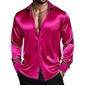 Homens Camisa Social Blusa de cetim Saia Camisa casual camisa de botão Camisa de formatura Tecido Festa Espetáculo Vermelho Rosa cor de Rosa Manga Longa Lapela