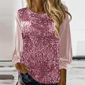 Women's T Shirt Tee Top Sequins Patchwork Solid Color Fashion Stylish Classic Long Sleeve Crew Neck Regular Tops Daily Weekend Pink Spring Fall